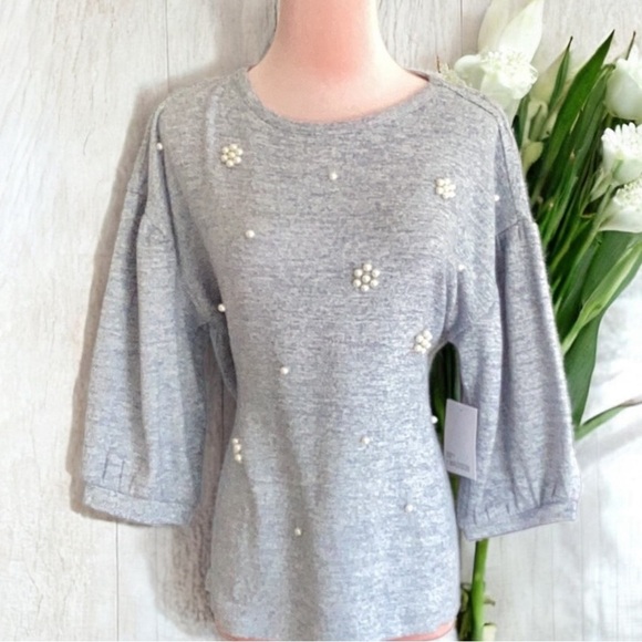 NWT 89th + Madison Artic Blue  Knit Sweater Pearl Embellished 3/4 Ballon Sleeves - Picture 1 of 7